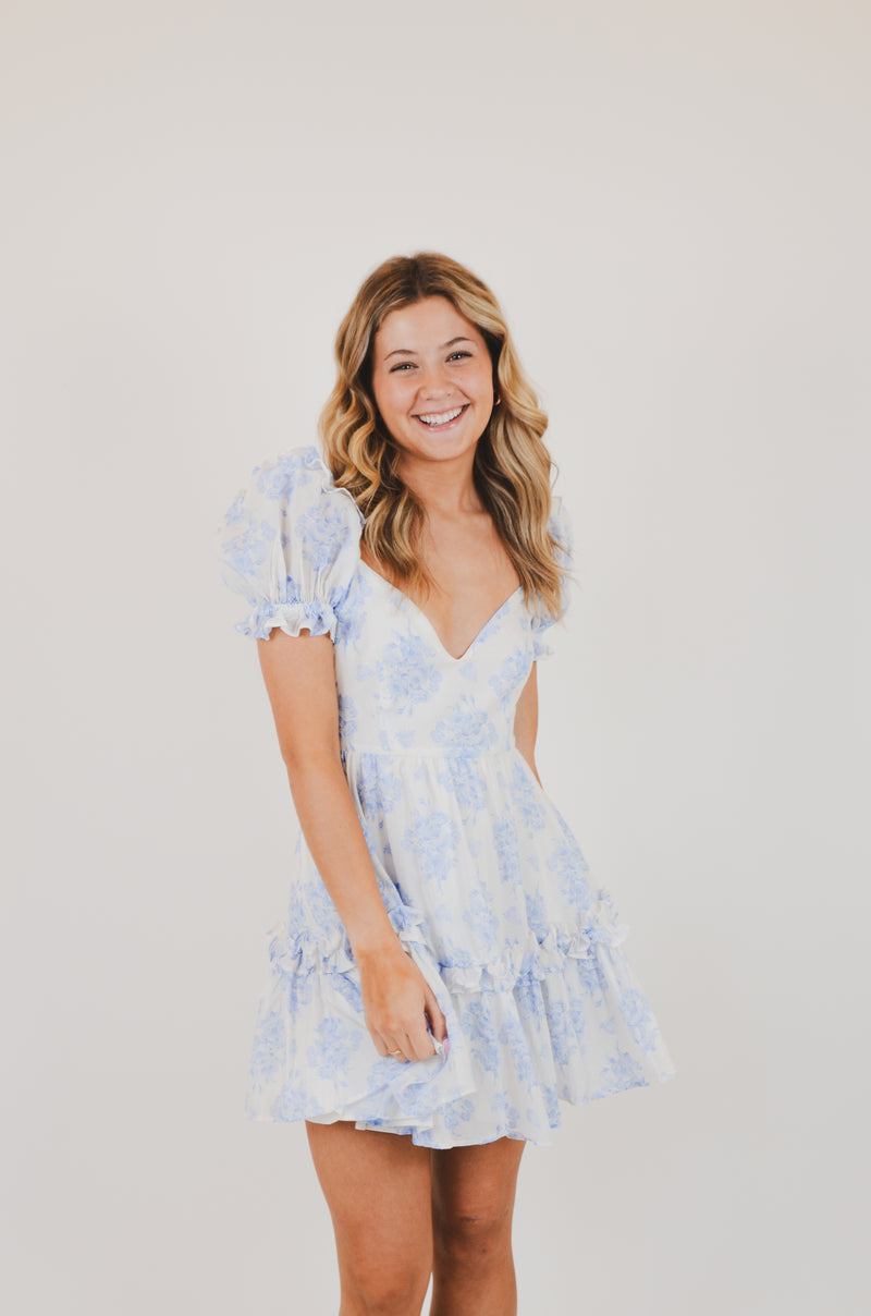 Blue Balloon Floral Ruffle Sleeve Mini Dress