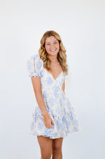 Blue Balloon Floral Ruffle Sleeve Mini Dress