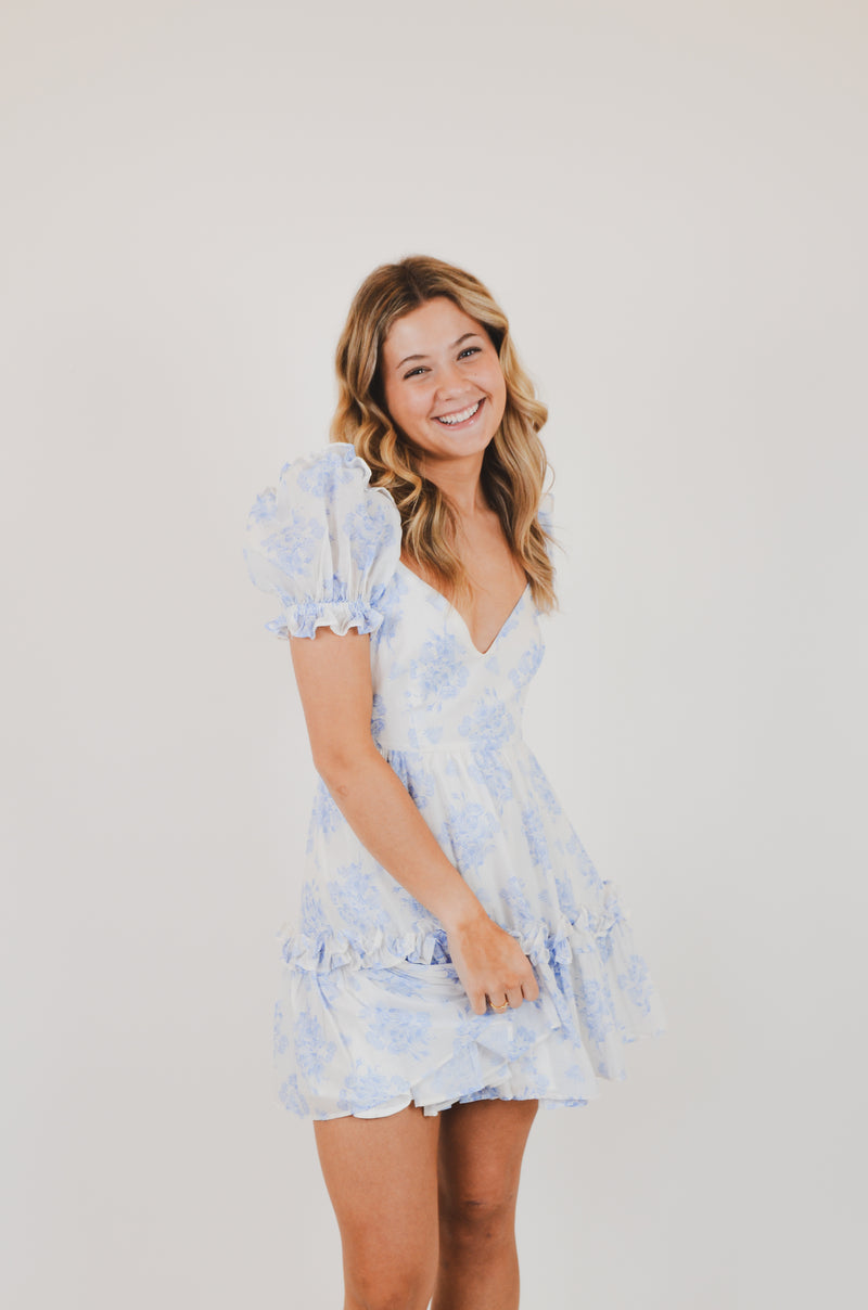 Blue Balloon Floral Ruffle Sleeve Mini Dress