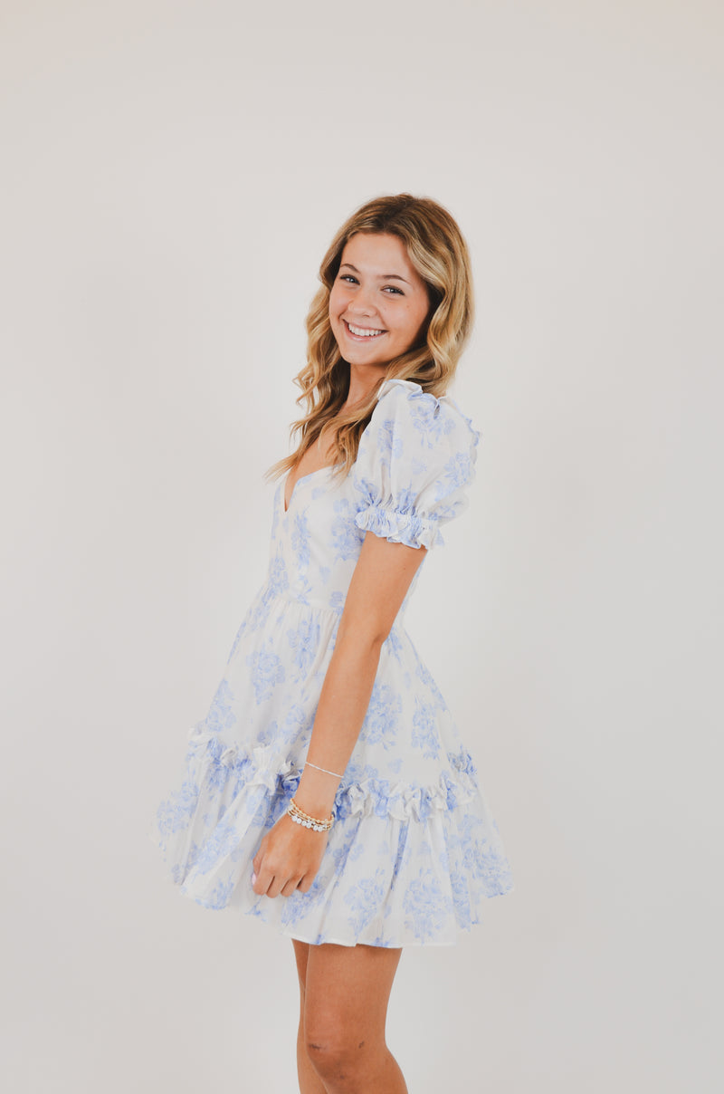 Blue Balloon Floral Ruffle Sleeve Mini Dress