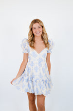 Blue Balloon Floral Ruffle Sleeve Mini Dress