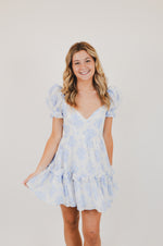 Blue Balloon Floral Ruffle Sleeve Mini Dress