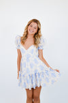 Blue Balloon Floral Ruffle Sleeve Mini Dress