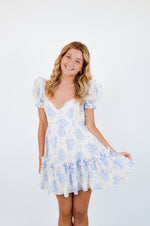 Blue Balloon Floral Ruffle Sleeve Mini Dress
