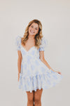 Blue Balloon Floral Ruffle Sleeve Mini Dress