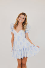 Blue Balloon Floral Ruffle Sleeve Mini Dress