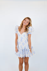 Blue Balloon Floral Ruffle Sleeve Mini Dress