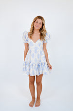 Blue Balloon Floral Ruffle Sleeve Mini Dress