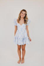 Blue Balloon Floral Ruffle Sleeve Mini Dress