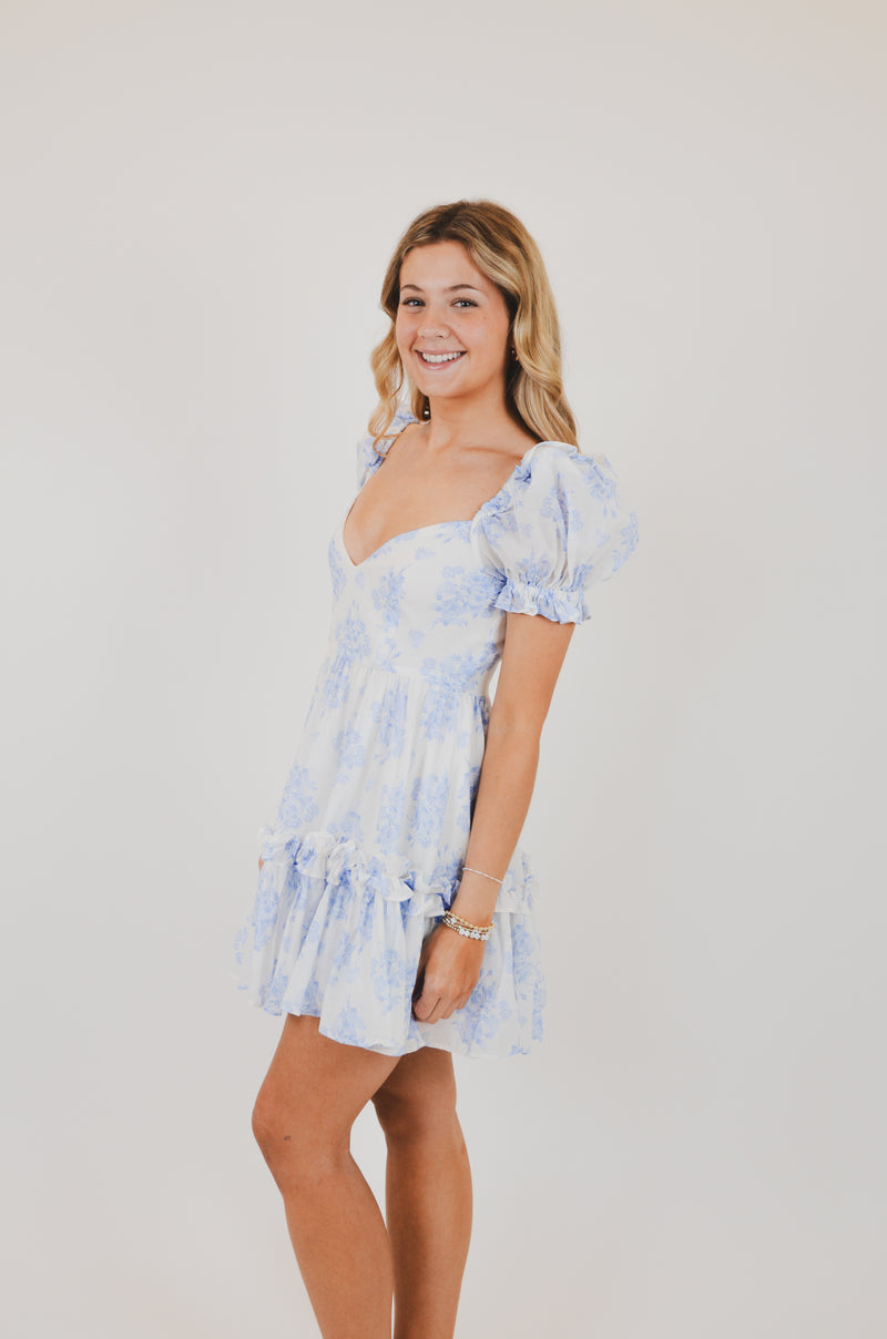 Blue Balloon Floral Ruffle Sleeve Mini Dress