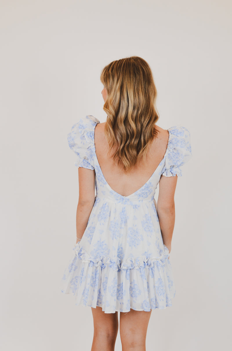 Blue Balloon Floral Ruffle Sleeve Mini Dress