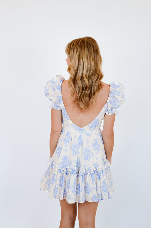 Blue Balloon Floral Ruffle Sleeve Mini Dress
