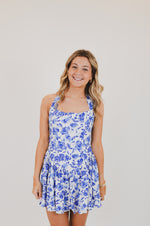 Blue Floral Wide Halter Fit and Flare Mini Dress