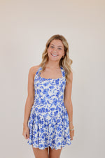 Blue Floral Wide Halter Fit and Flare Mini Dress