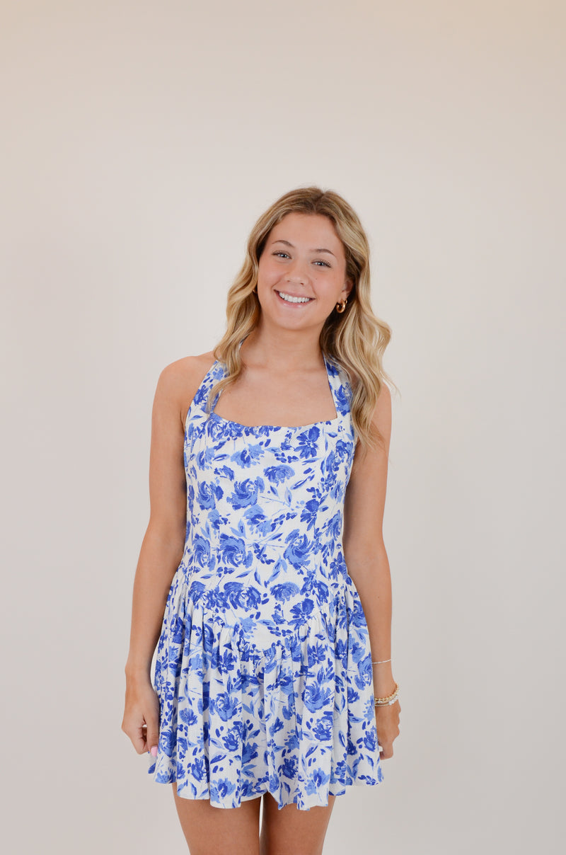 Blue Floral Wide Halter Fit and Flare Mini Dress