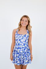 Blue Floral Wide Halter Fit and Flare Mini Dress