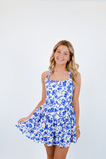 Blue Floral Wide Halter Fit and Flare Mini Dress