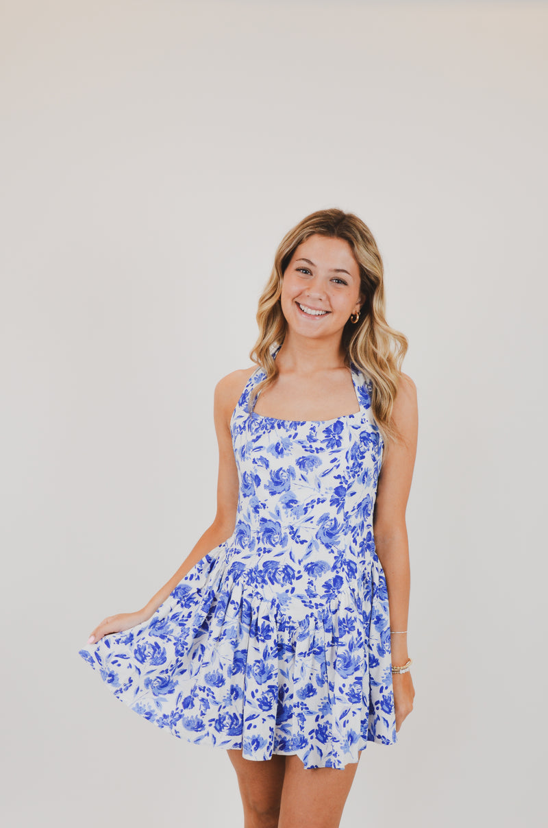 Blue Floral Wide Halter Fit and Flare Mini Dress