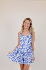 Blue Floral Wide Halter Fit and Flare Mini Dress
