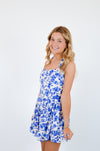 Blue Floral Wide Halter Fit and Flare Mini Dress