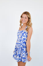 Blue Floral Wide Halter Fit and Flare Mini Dress