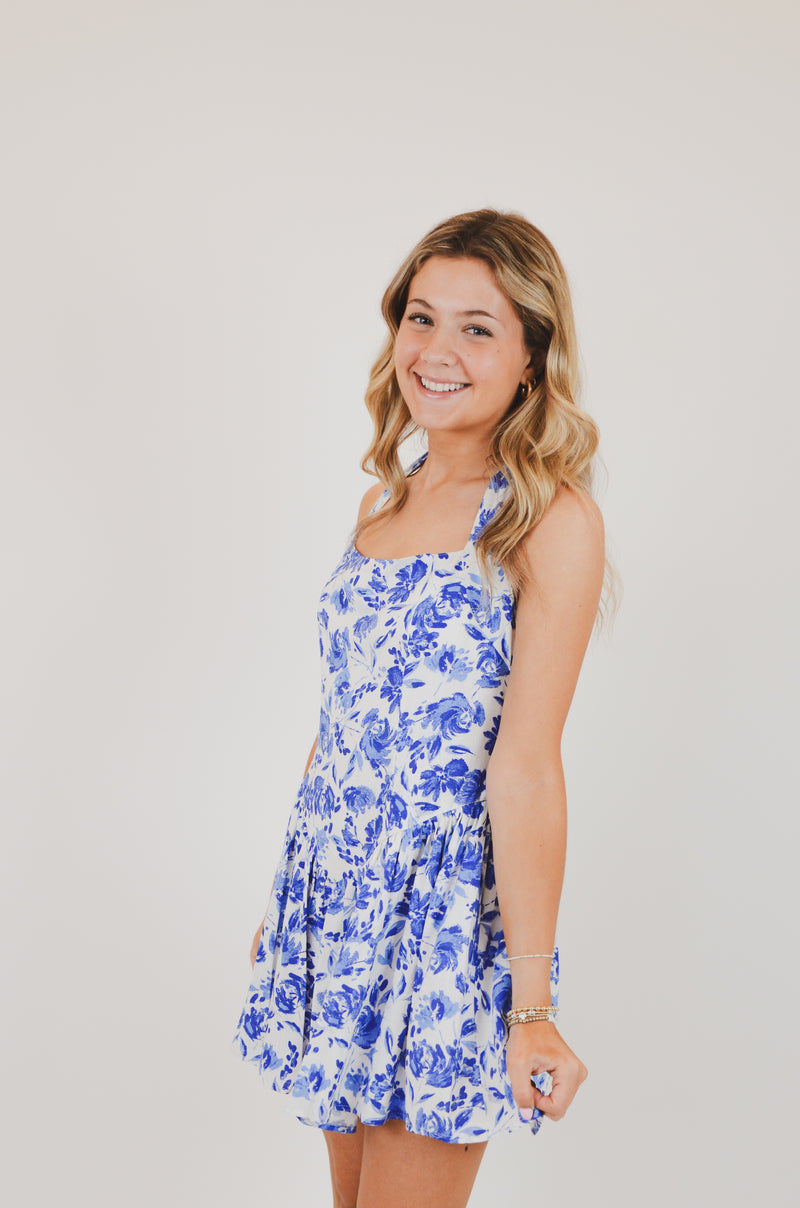 Blue Floral Wide Halter Fit and Flare Mini Dress