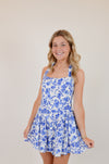 Blue Floral Wide Halter Fit and Flare Mini Dress