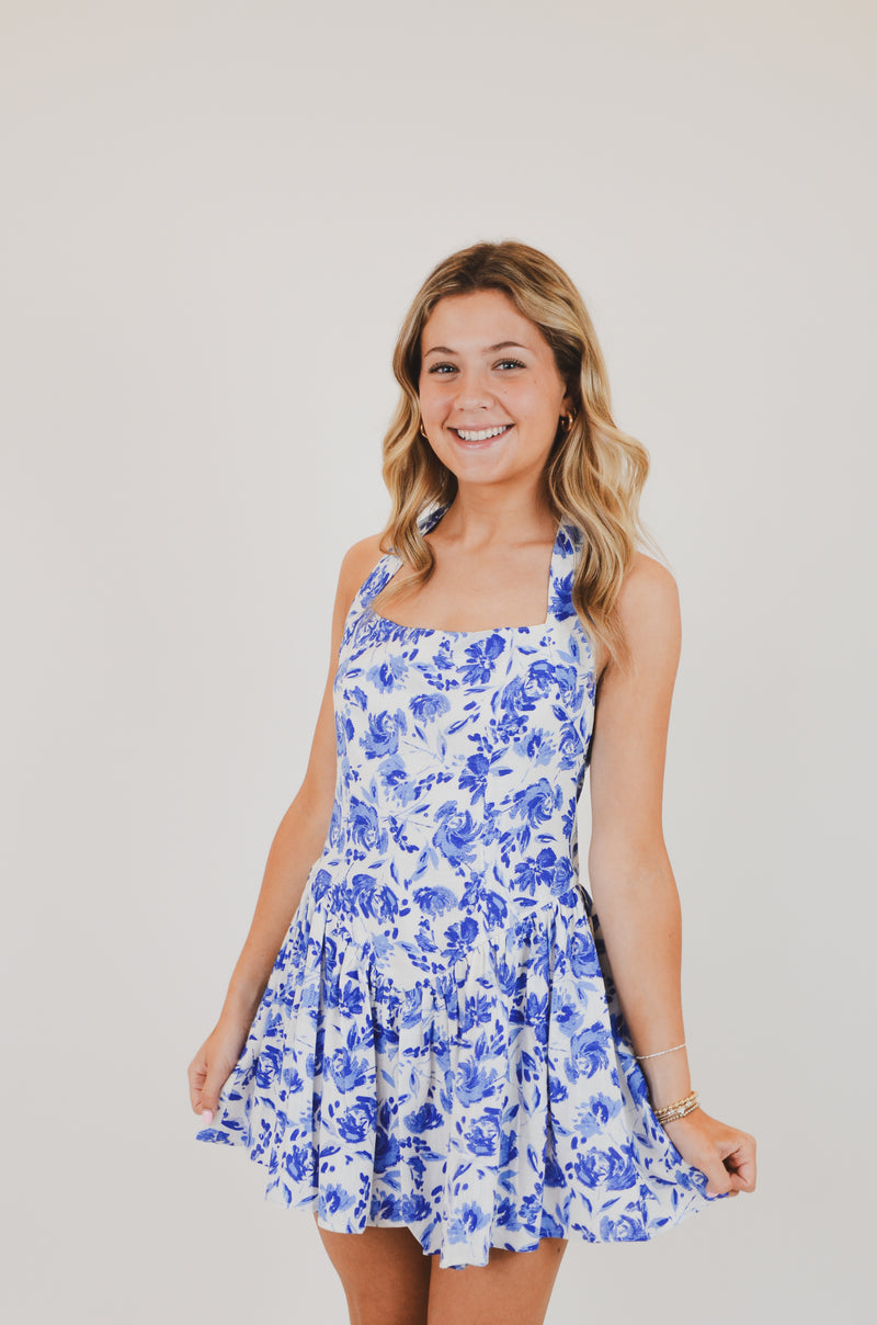 Blue Floral Wide Halter Fit and Flare Mini Dress