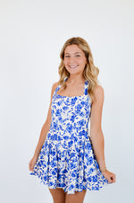 Blue Floral Wide Halter Fit and Flare Mini Dress