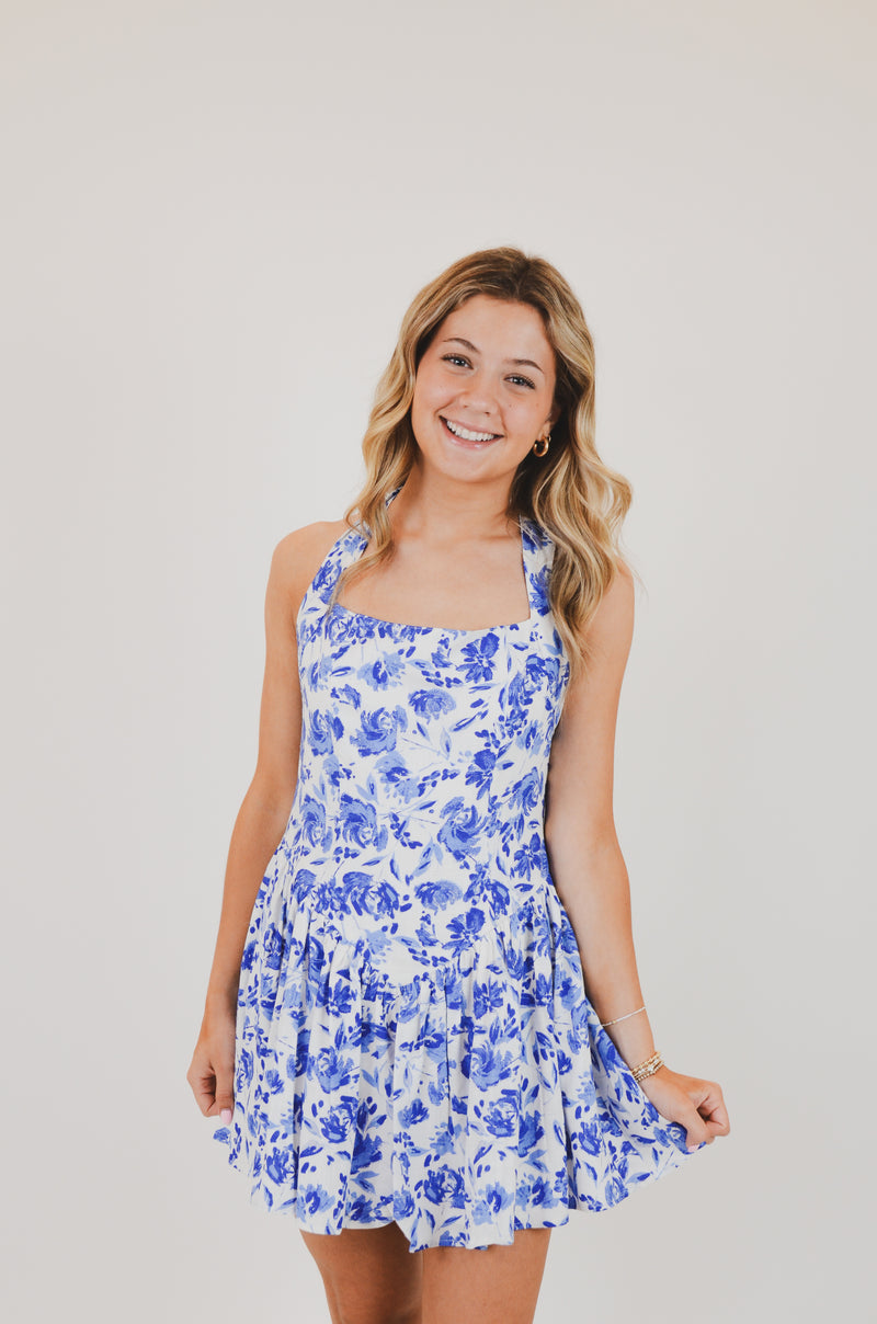 Blue Floral Wide Halter Fit and Flare Mini Dress