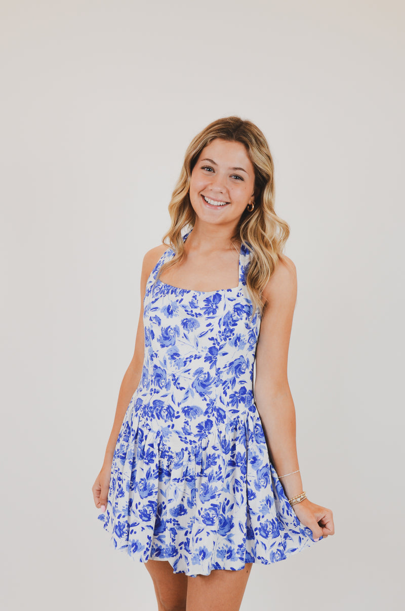 Blue Floral Wide Halter Fit and Flare Mini Dress