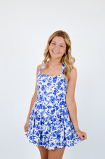 Blue Floral Wide Halter Fit and Flare Mini Dress