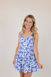 Blue Floral Wide Halter Fit and Flare Mini Dress