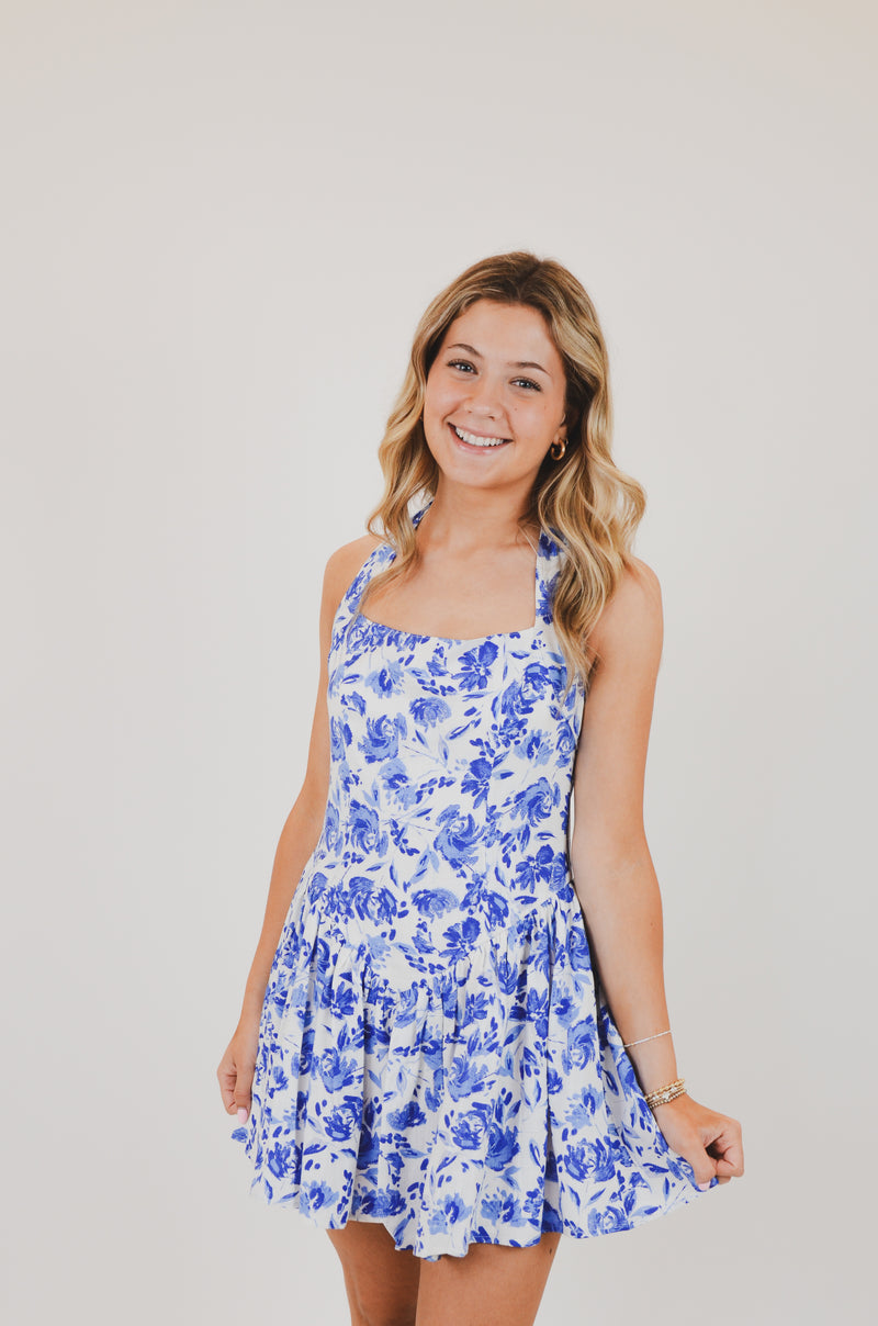 Blue Floral Wide Halter Fit and Flare Mini Dress