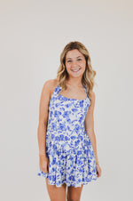Blue Floral Wide Halter Fit and Flare Mini Dress