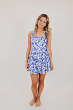 Blue Floral Wide Halter Fit and Flare Mini Dress