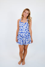 Blue Floral Wide Halter Fit and Flare Mini Dress