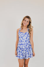 Blue Floral Wide Halter Fit and Flare Mini Dress