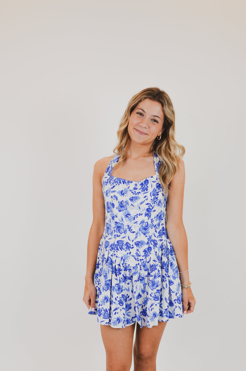 Blue Floral Wide Halter Fit and Flare Mini Dress