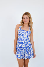 Blue Floral Wide Halter Fit and Flare Mini Dress