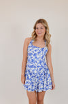 Blue Floral Wide Halter Fit and Flare Mini Dress