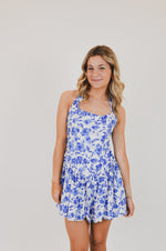 Blue Floral Wide Halter Fit and Flare Mini Dress
