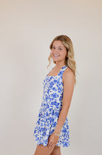 Blue Floral Wide Halter Fit and Flare Mini Dress