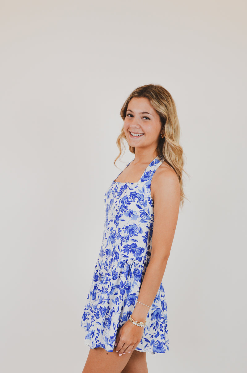 Blue Floral Wide Halter Fit and Flare Mini Dress