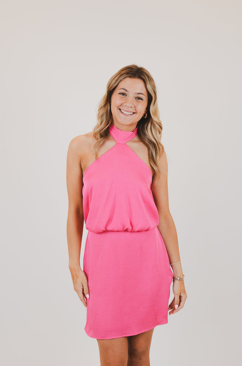 Poly Silk Skinny Halter Mini Dress, Pink
