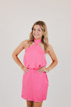 Poly Silk Skinny Halter Mini Dress, Pink