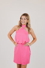 Poly Silk Skinny Halter Mini Dress, Pink