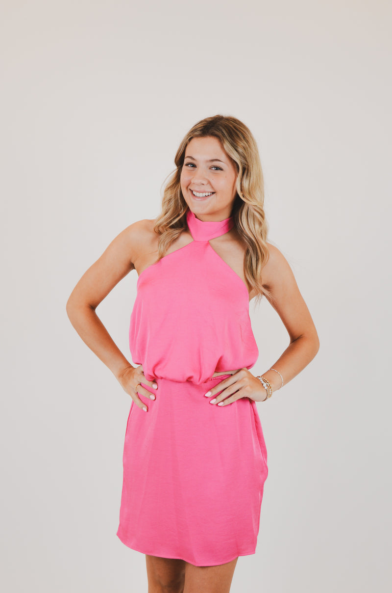 Poly Silk Skinny Halter Mini Dress, Pink