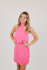 Poly Silk Skinny Halter Mini Dress, Pink