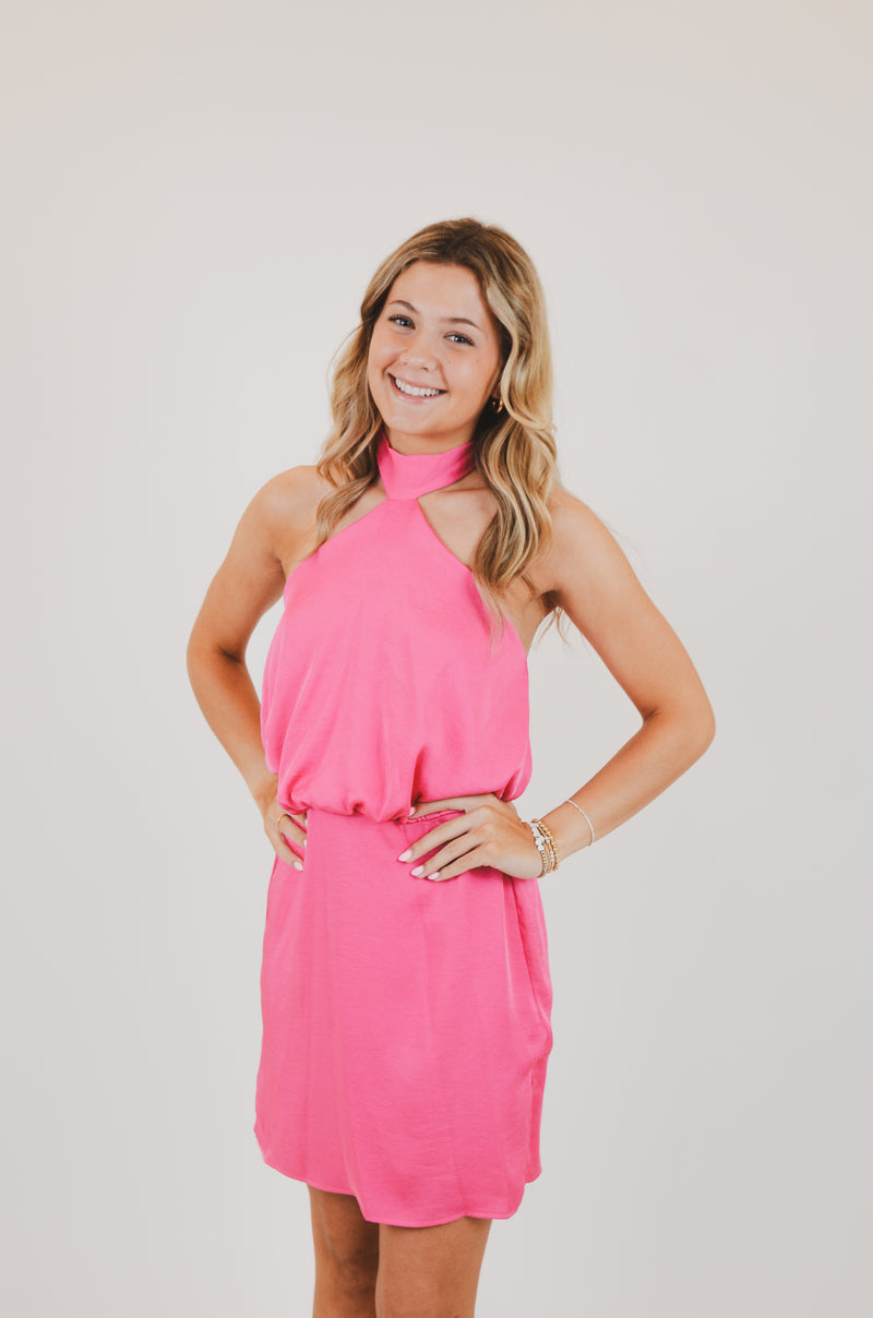 Poly Silk Skinny Halter Mini Dress, Pink